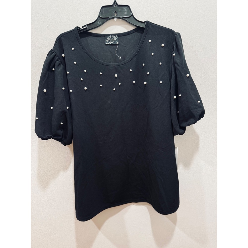Milk & Honey Women Black Pearl Embellished Puff Sleeve Top Blouse 3X NEW